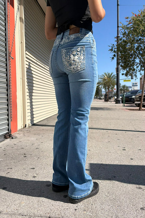 2000s Style Ditsy Floral & Butterfly Rhinestone Bling Back Pocket & Waist Embroidered Yoke Bootcut Jean with Good Stretch