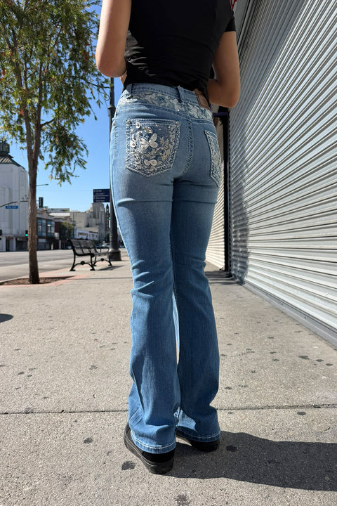 2000s Style Ditsy Floral & Butterfly Rhinestone Bling Back Pocket & Waist Embroidered Yoke Bootcut Jean with Good Stretch