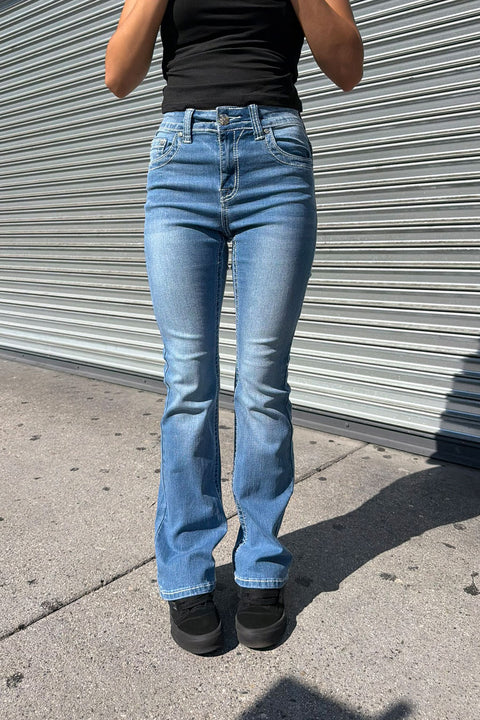 2000s Style Ditsy Floral & Butterfly Rhinestone Bling Back Pocket & Waist Embroidered Yoke Bootcut Jean with Good Stretch