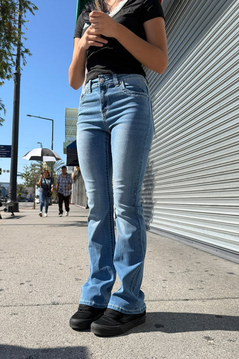 2000s Style Ditsy Floral & Butterfly Rhinestone Bling Back Pocket & Waist Embroidered Yoke Bootcut Jean with Good Stretch