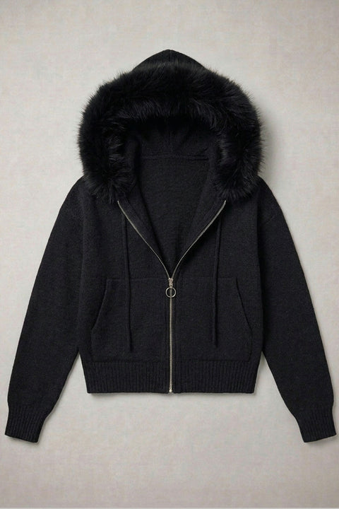 Removable Faux Fur Trim Hooded Full-Zip Soft-Hand Sweater Jacket