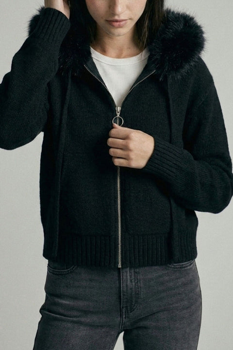 Removable Faux Fur Trim Hooded Full-Zip Soft-Hand Sweater Jacket