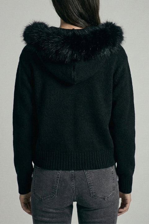 Removable Faux Fur Trim Hooded Full-Zip Soft-Hand Sweater Jacket