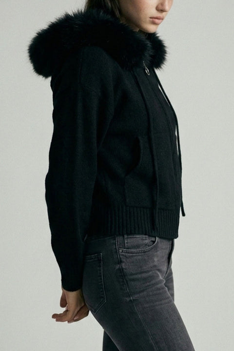 Removable Faux Fur Trim Hooded Full-Zip Soft-Hand Sweater Jacket