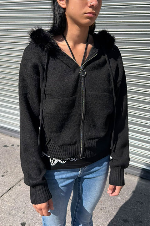 Removable Faux Fur Trim Hooded Full-Zip Soft-Hand Sweater Jacket