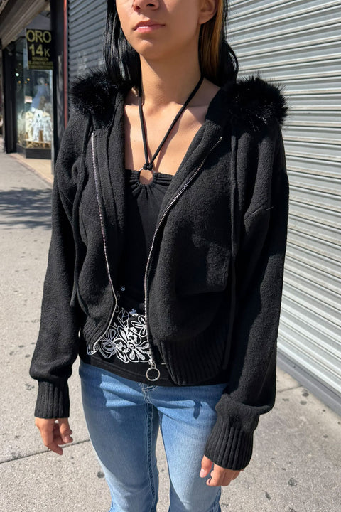 Removable Faux Fur Trim Hooded Full-Zip Soft-Hand Sweater Jacket