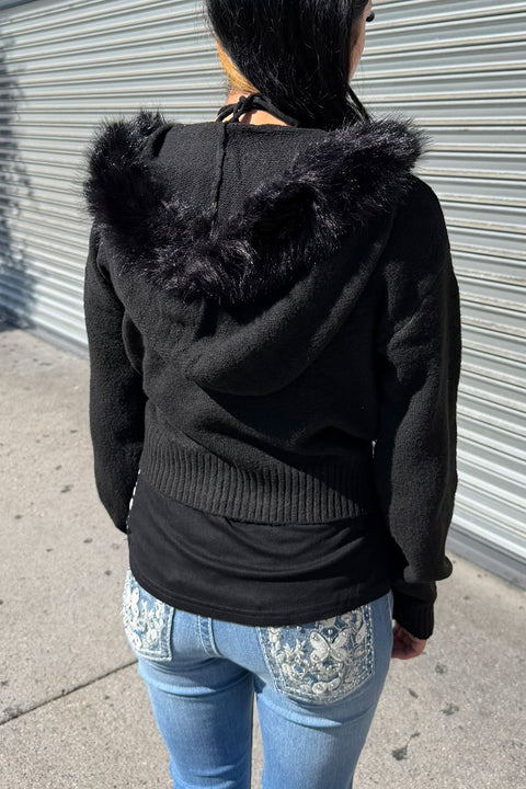 Removable Faux Fur Trim Hooded Full-Zip Soft-Hand Sweater Jacket