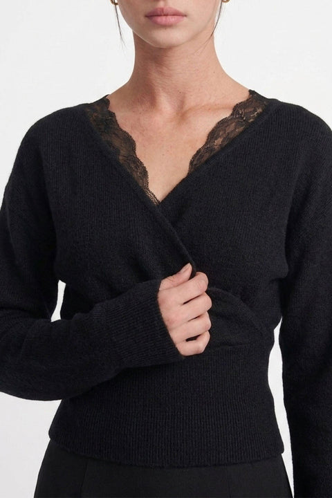 Feminine Lace-Trim Deep V-Neck Surplice Knit Sweater