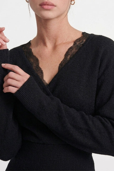 Feminine Lace-Trim Deep V-Neck Surplice Knit Sweater