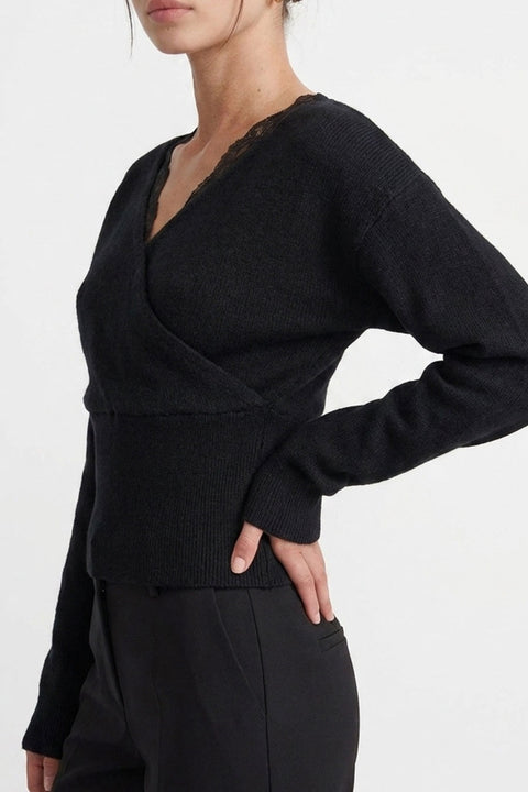Feminine Lace-Trim Deep V-Neck Surplice Knit Sweater