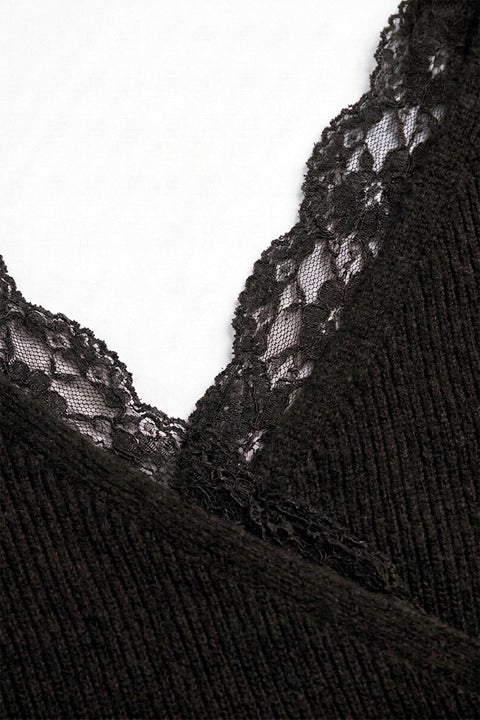 Feminine Lace-Trim Deep V-Neck Surplice Knit Sweater