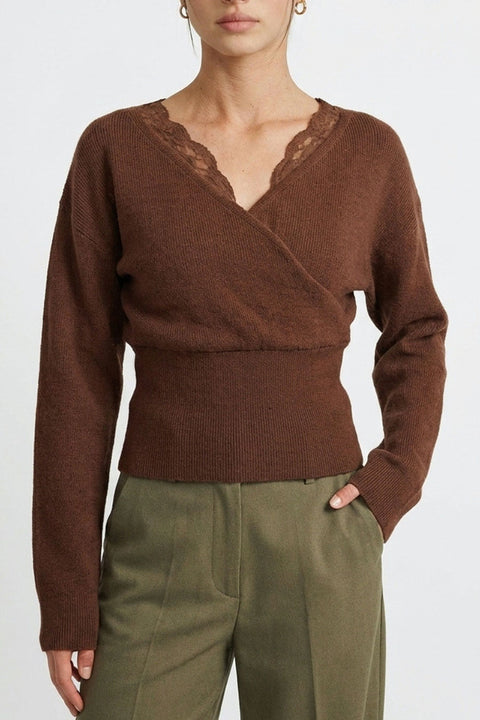 Feminine Lace-Trim Deep V-Neck Surplice Knit Sweater