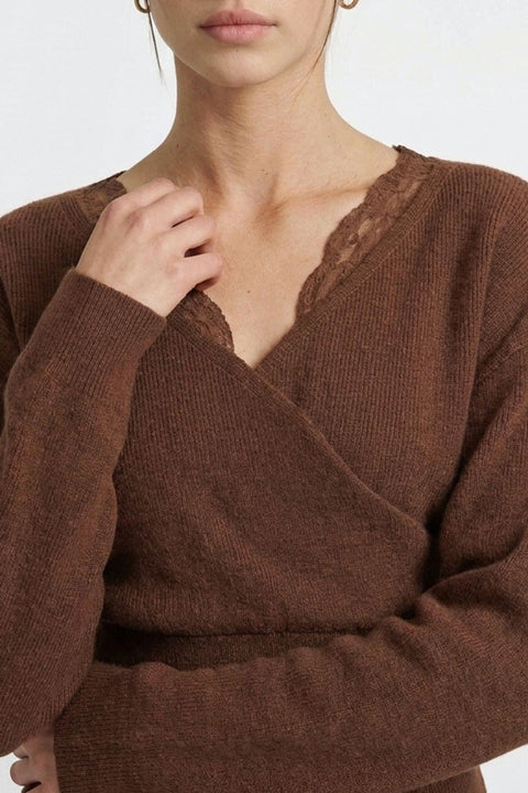 Feminine Lace-Trim Deep V-Neck Surplice Knit Sweater