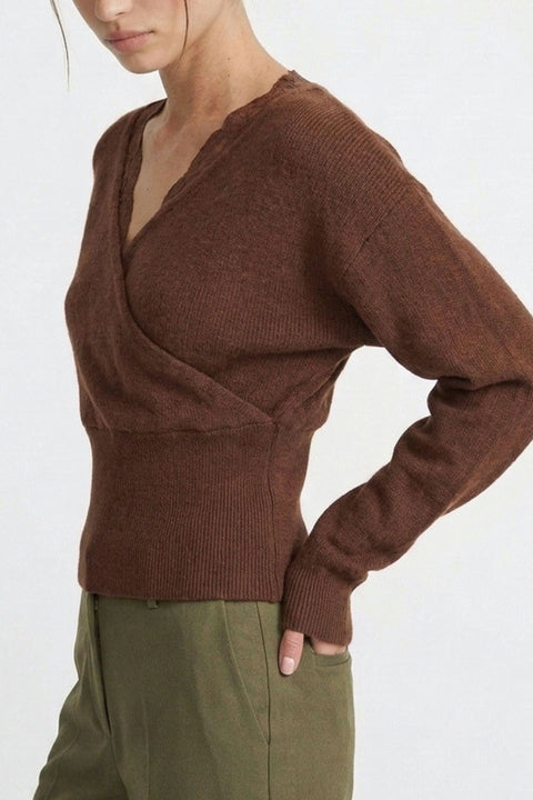 Feminine Lace-Trim Deep V-Neck Surplice Knit Sweater