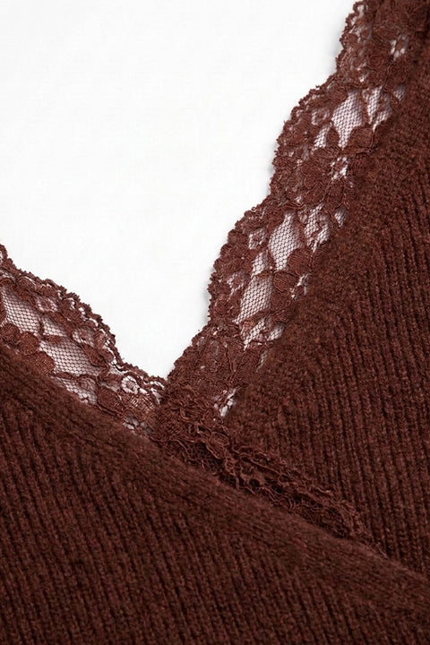 Feminine Lace-Trim Deep V-Neck Surplice Knit Sweater