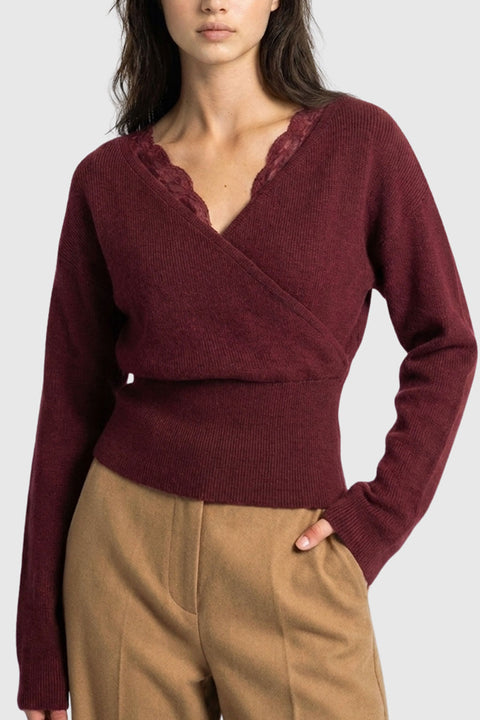 Feminine Lace-Trim Deep V-Neck Surplice Knit Sweater