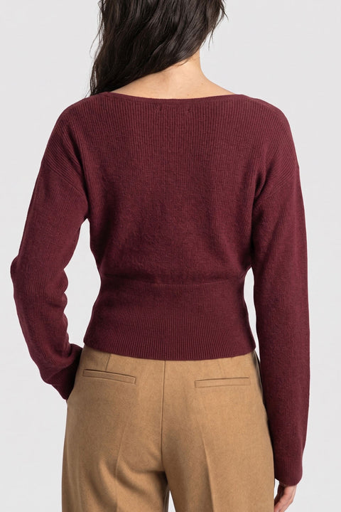 Feminine Lace-Trim Deep V-Neck Surplice Knit Sweater