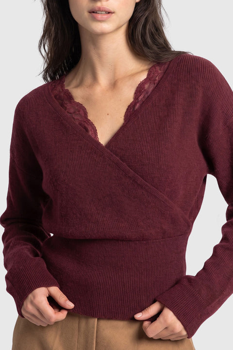 Feminine Lace-Trim Deep V-Neck Surplice Knit Sweater