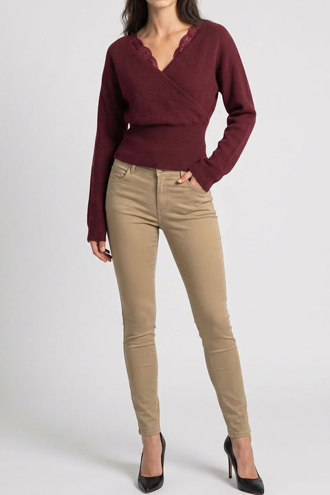 Feminine Lace-Trim Deep V-Neck Surplice Knit Sweater