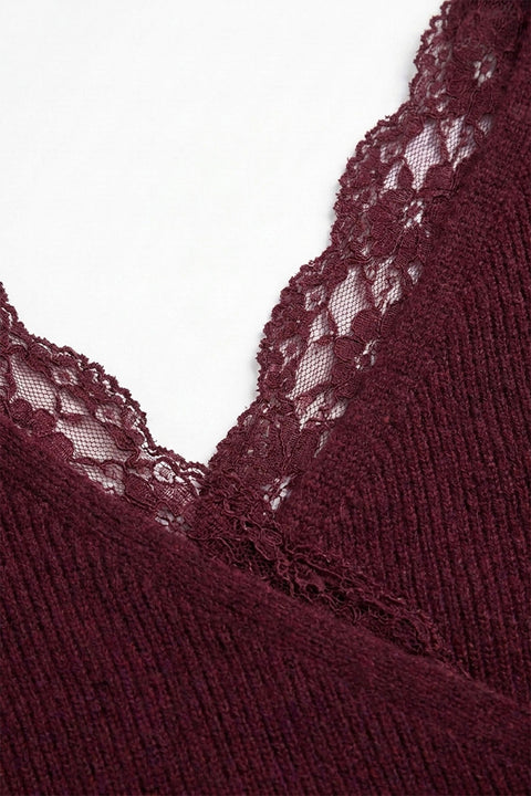 Feminine Lace-Trim Deep V-Neck Surplice Knit Sweater
