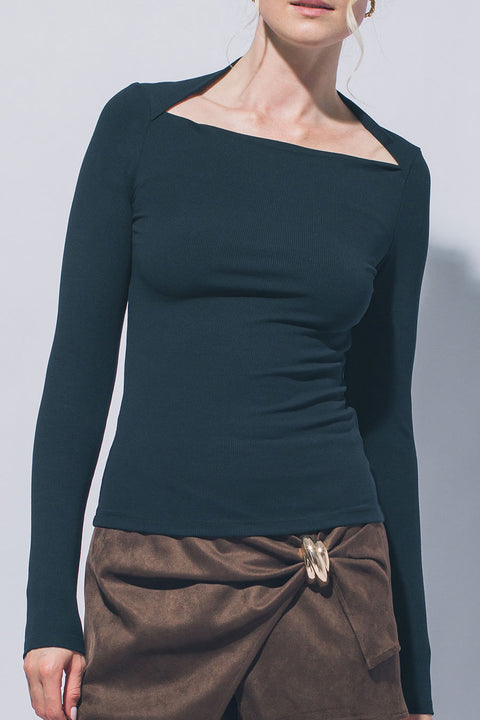 Sleek Square Neck Long Sleeve Fitted Rib Knit Top