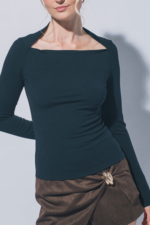 Sleek Square Neck Long Sleeve Fitted Rib Knit Top