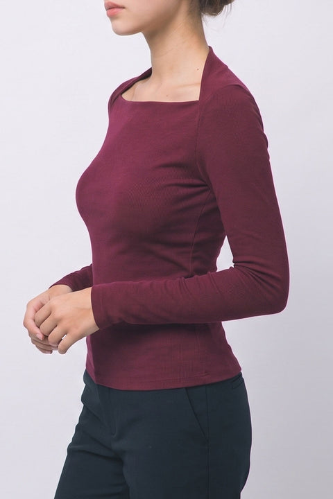 Sleek Square Neck Long Sleeve Fitted Rib Knit Top