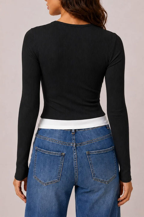 2000s Layered Bow & Snap Button Detail Long Sleeve Rib Knit Top