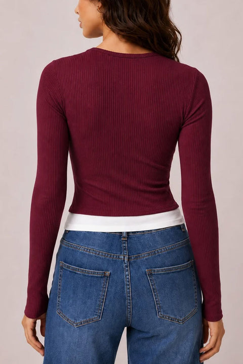 2000s Layered Bow & Snap Button Detail Long Sleeve Rib Knit Top