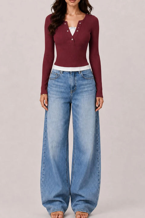 2000s Layered Bow & Snap Button Detail Long Sleeve Rib Knit Top
