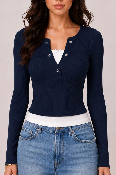 2000s Layered Bow & Snap Button Detail Long Sleeve Rib Knit Top