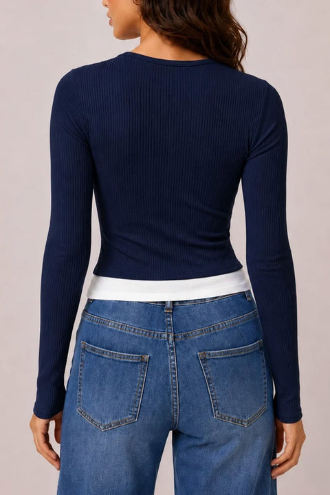 2000s Layered Bow & Snap Button Detail Long Sleeve Rib Knit Top