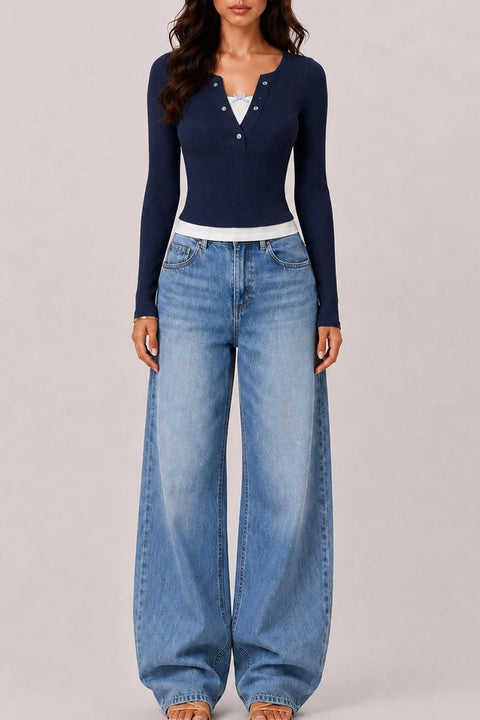 2000s Layered Bow & Snap Button Detail Long Sleeve Rib Knit Top