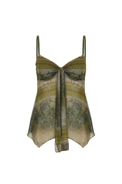 2000s Dreamy Olive Floral Sparkly Print Tie-Front Cami Top
