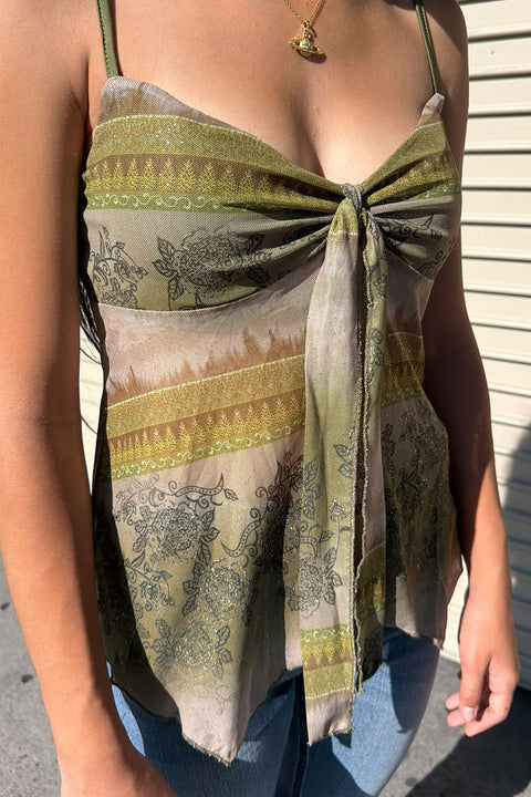 2000s Dreamy Olive Floral Sparkly Print Tie-Front Cami Top