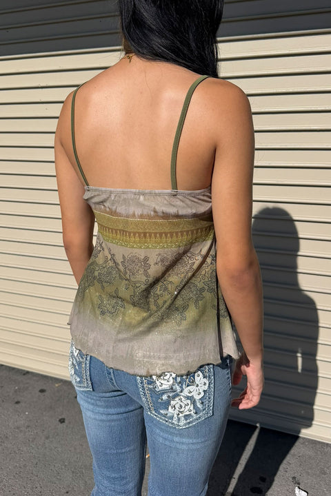 2000s Dreamy Olive Floral Sparkly Print Tie-Front Cami Top