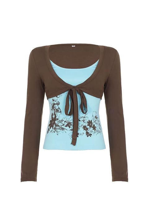 2000s Teal & Brown Combo Floral Cami & Tie-Front Long Sleeve Bolero Top Set