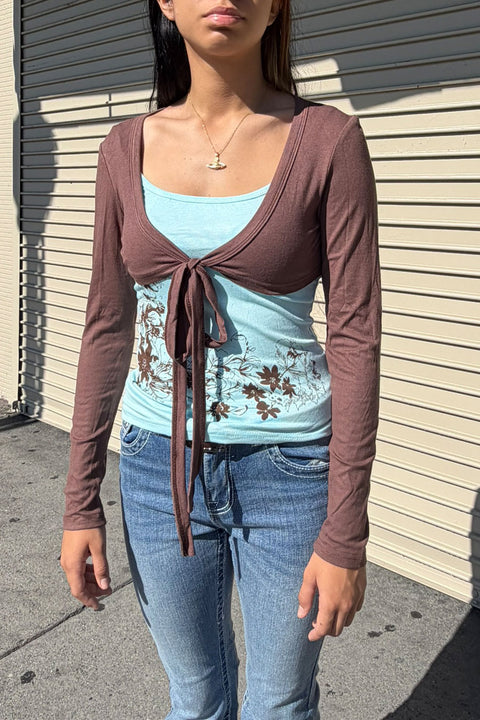 2000s Teal & Brown Combo Floral Cami & Tie-Front Long Sleeve Bolero Top Set