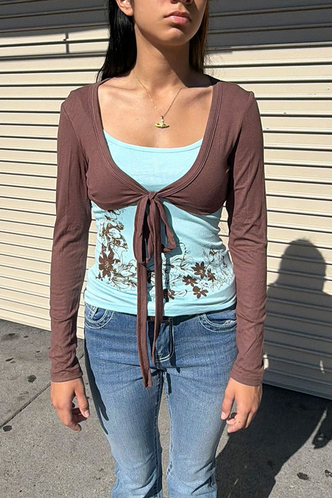 2000s Teal & Brown Combo Floral Cami & Tie-Front Long Sleeve Bolero Top Set