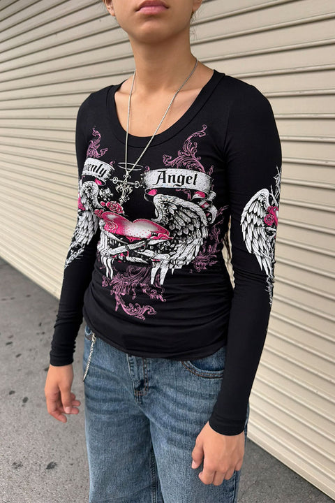 Y2K McBling Heavenly Angel Wing Graphic Rhinestone Print Side Shirred Long Sleeve T-Shirt