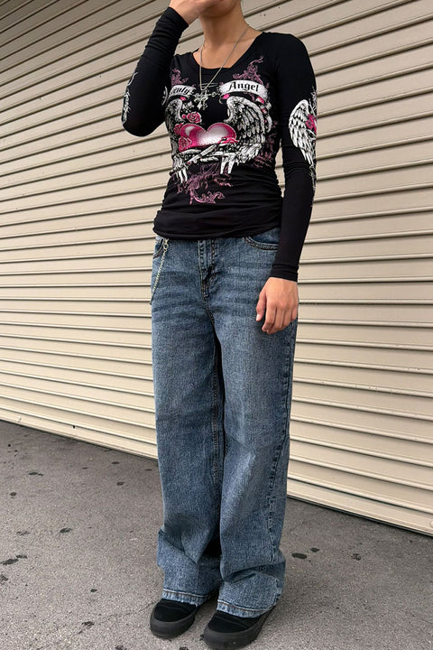 Y2K McBling Heavenly Angel Wing Graphic Rhinestone Print Side Shirred Long Sleeve T-Shirt