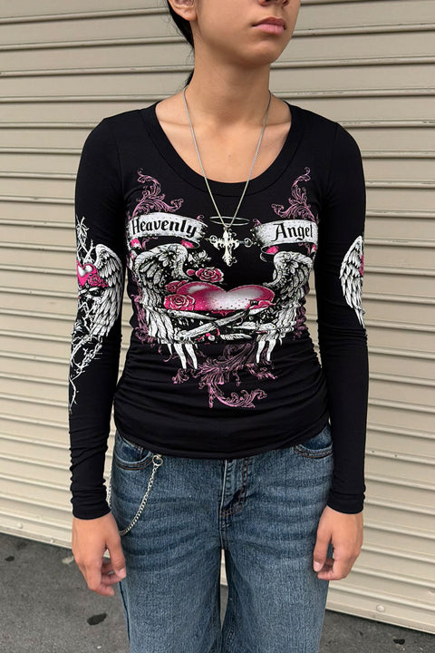 Y2K McBling Heavenly Angel Wing Graphic Rhinestone Print Side Shirred Long Sleeve T-Shirt