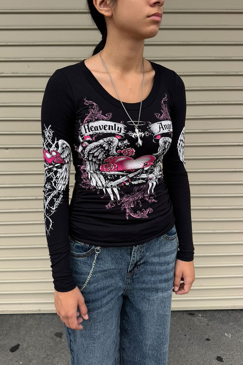Y2K McBling Heavenly Angel Wing Graphic Rhinestone Print Side Shirred Long Sleeve T-Shirt