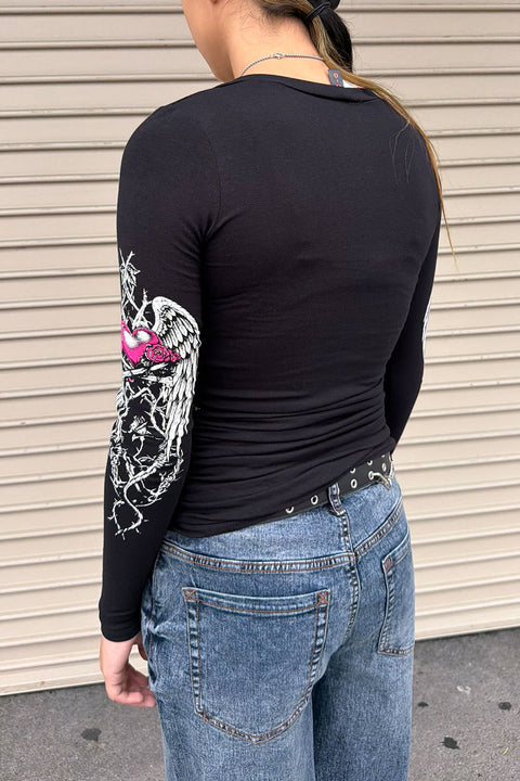 Y2K McBling Heavenly Angel Wing Graphic Rhinestone Print Side Shirred Long Sleeve T-Shirt