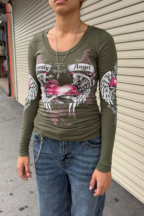 Y2K McBling Heavenly Angel Wing Graphic Rhinestone Print Side Shirred Long Sleeve T-Shirt