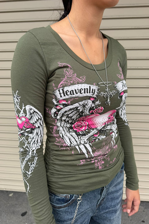 Y2K McBling Heavenly Angel Wing Graphic Rhinestone Print Side Shirred Long Sleeve T-Shirt