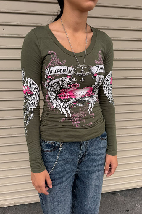 Y2K McBling Heavenly Angel Wing Graphic Rhinestone Print Side Shirred Long Sleeve T-Shirt