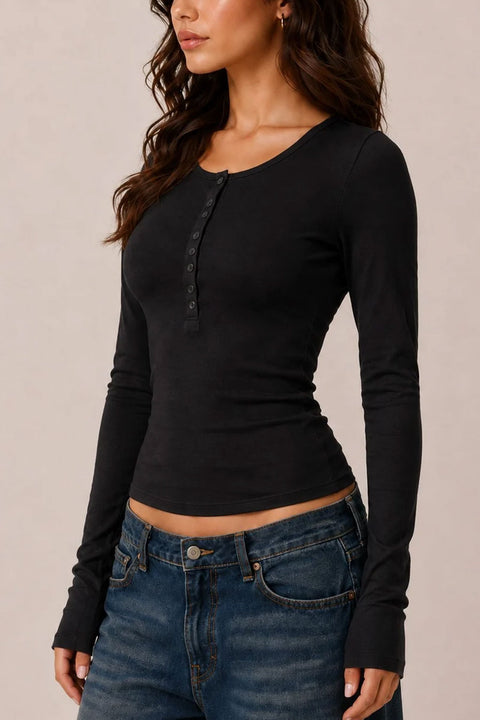 2000s Essential Long Sleeve Crew Neck Henley Knit Top