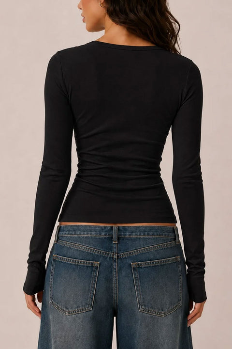 2000s Essential Long Sleeve Crew Neck Henley Knit Top