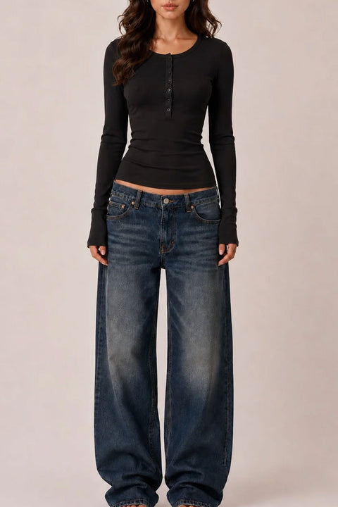 2000s Essential Long Sleeve Crew Neck Henley Knit Top